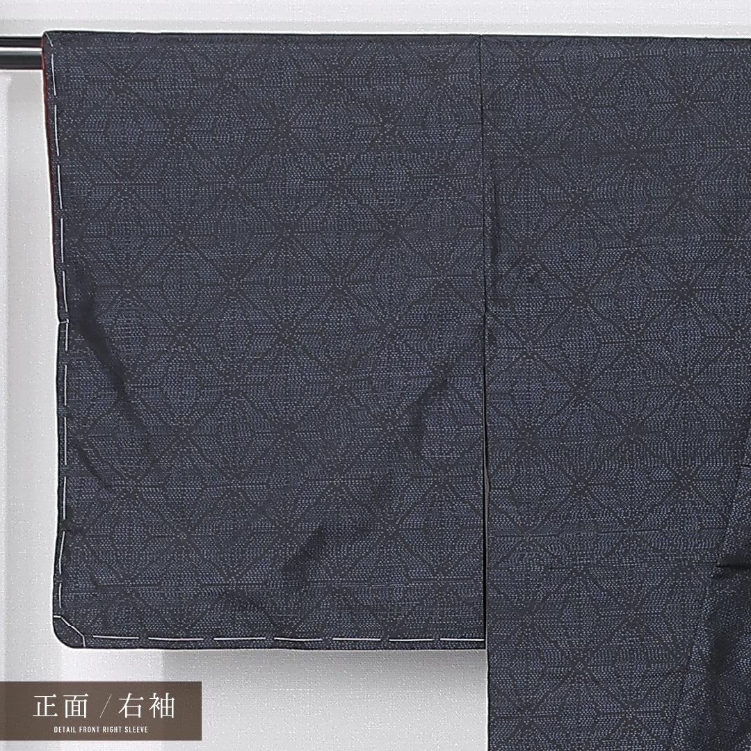 洗える着物 紬 袷 身丈155cm 裄丈65cm ポリエステル Sランク カジュアル 広衿 Mサイズ 麻の葉 紺系 RP 1223-12400