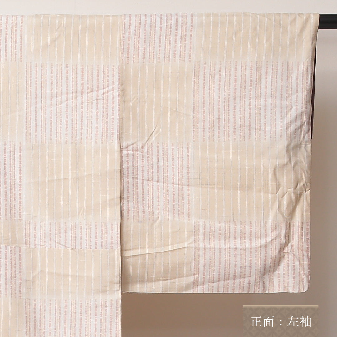 紬 袷 身丈155cm 裄丈65cm 正絹 Sランク カジュアル 広衿 Mサイズ 縞 クリーム系 RP 1223-03518