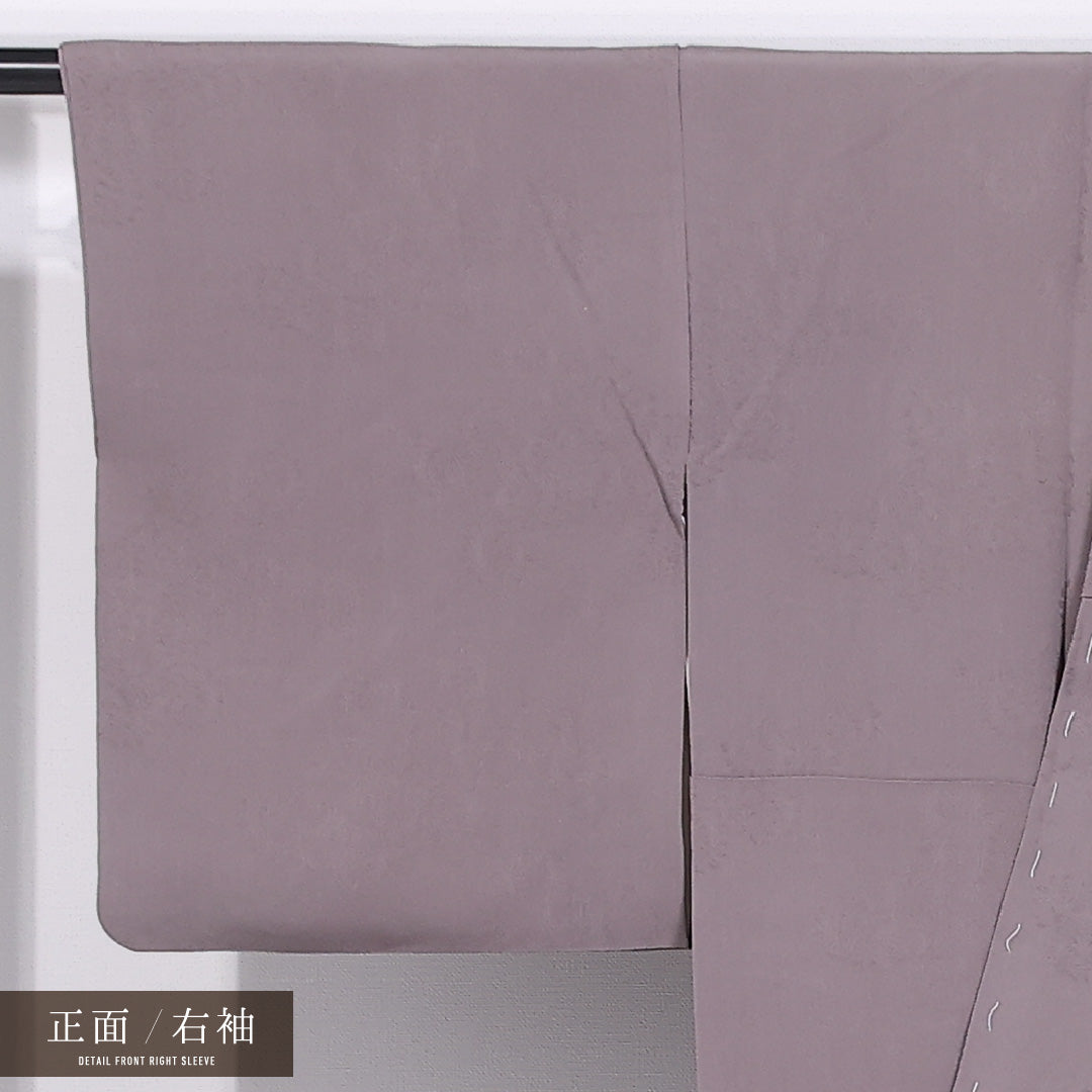 色無地 袷 身丈154cm 裄丈62cm 正絹 Cランク 三つ紋 (五三桐) 紋意匠 (創作柄) セミフォーマル 広衿 Sサイズ 無地 紫系 HP 1219-11551