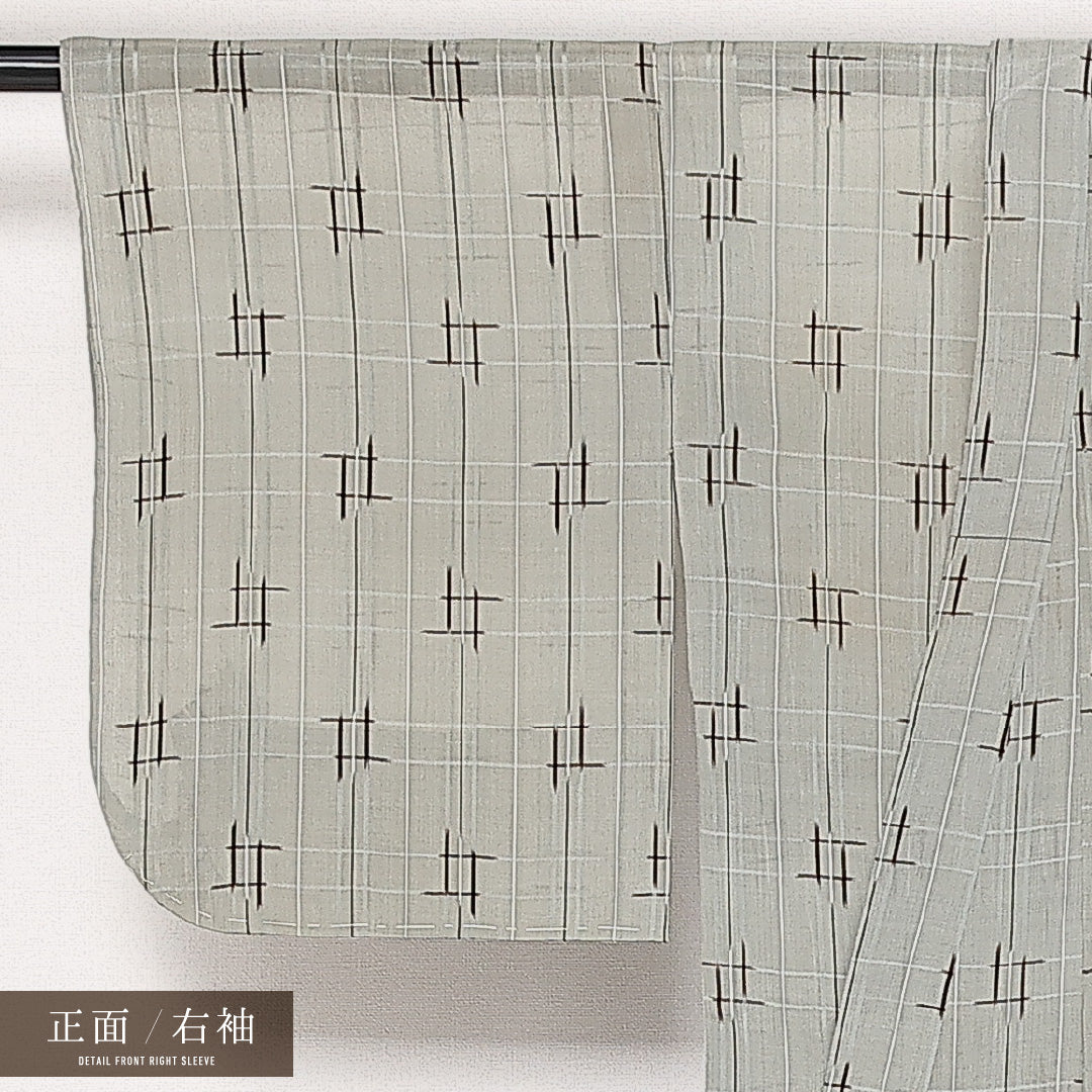 小千谷縮 夏物 洗える着物 身丈148cm 裄丈60cm Cランク 麻 バチ衿 XSサイズ カジュアル 井絣 素朴 落ち着き グレー系 緑系 1216-13647