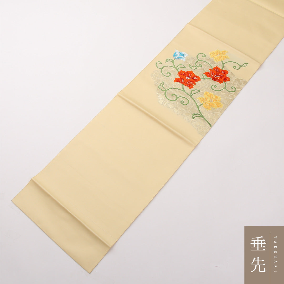 八寸名古屋帯 Aランク 帯丈342cm 正絹 ポイント柄 松葉仕立て 帯芯なし 織り インフォーマル 唐草華文 亀甲 クリーム系 RP 1245-02275