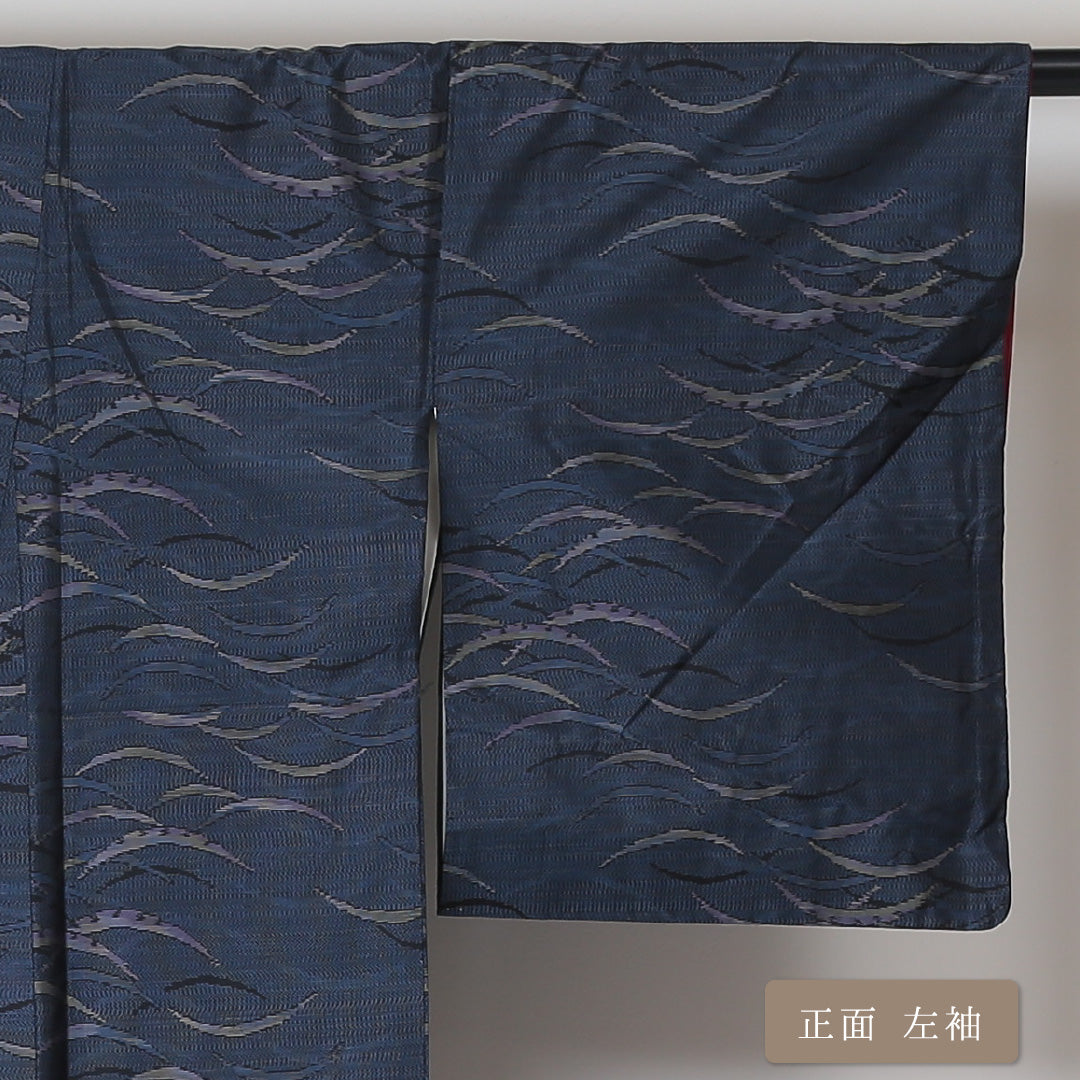 大島紬 袷 身丈155cm 裄丈63cm 正絹 Sランク インフォーマル 広衿 Mサイズ 緯総絣 芝草 紺系 RP 1223-03040
