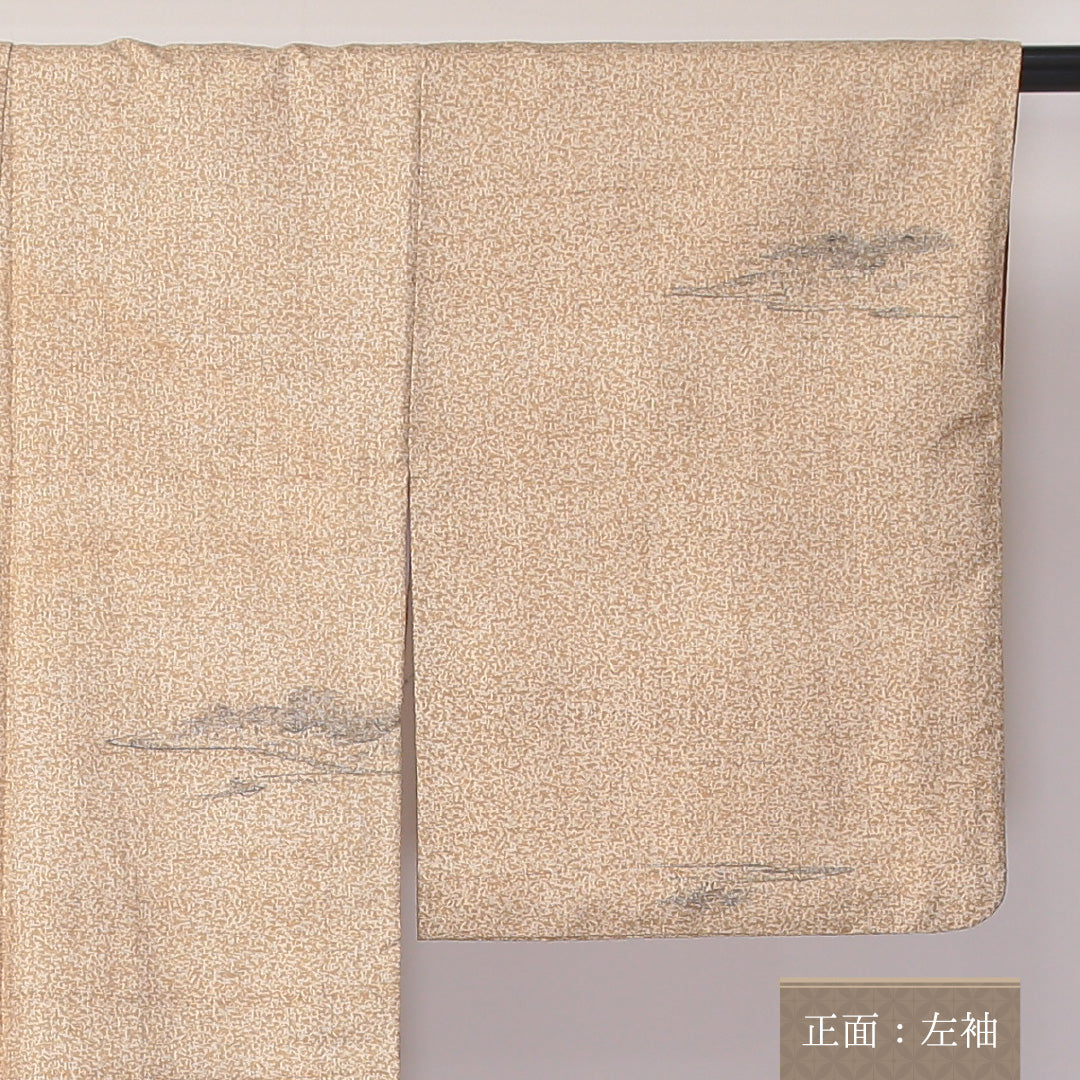 牛首紬 袷 身丈151cm 裄64cm 正絹 後染め ベージュ系 Aランク 1216-01071
