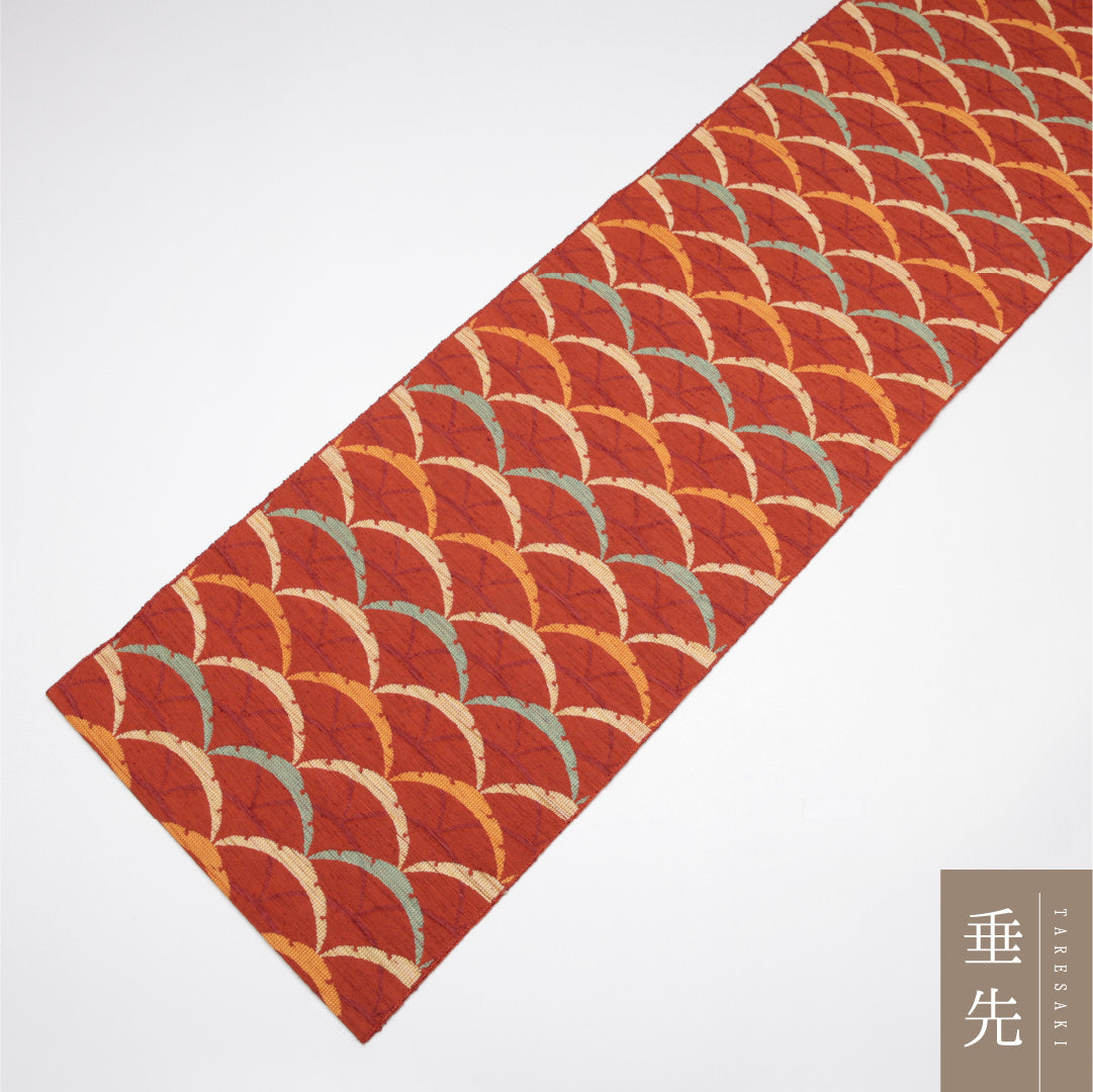 八寸名古屋帯 Sランク 帯丈330cm 正絹 六通 開き仕立て 織り カジュアル 紬 青海波 朱系 LP 1245-01587