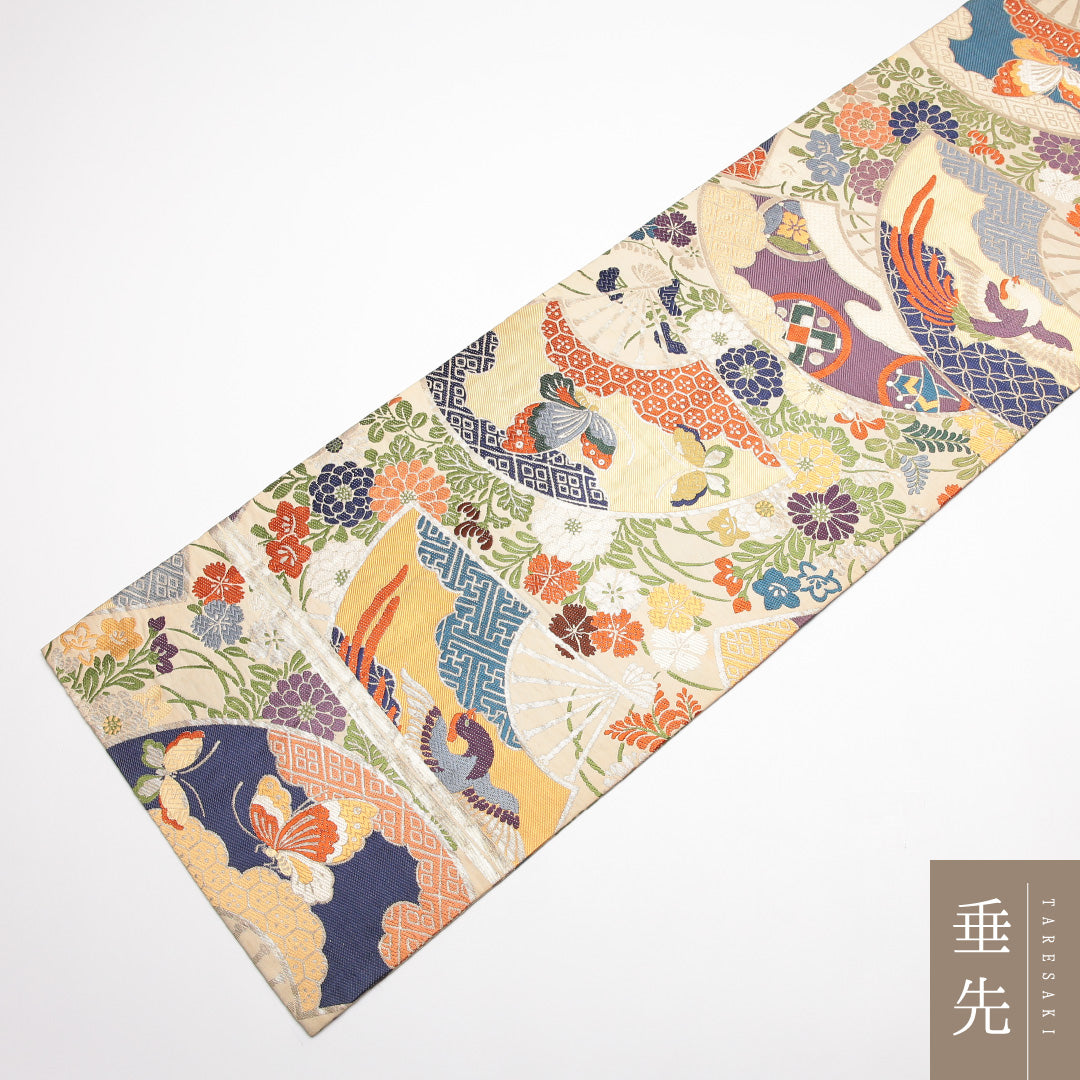 アンティーク 丸帯 全通 帯丈388cm Aランク 正絹 尾長鳥 蝶 扇子 クリーム系 1223-01422