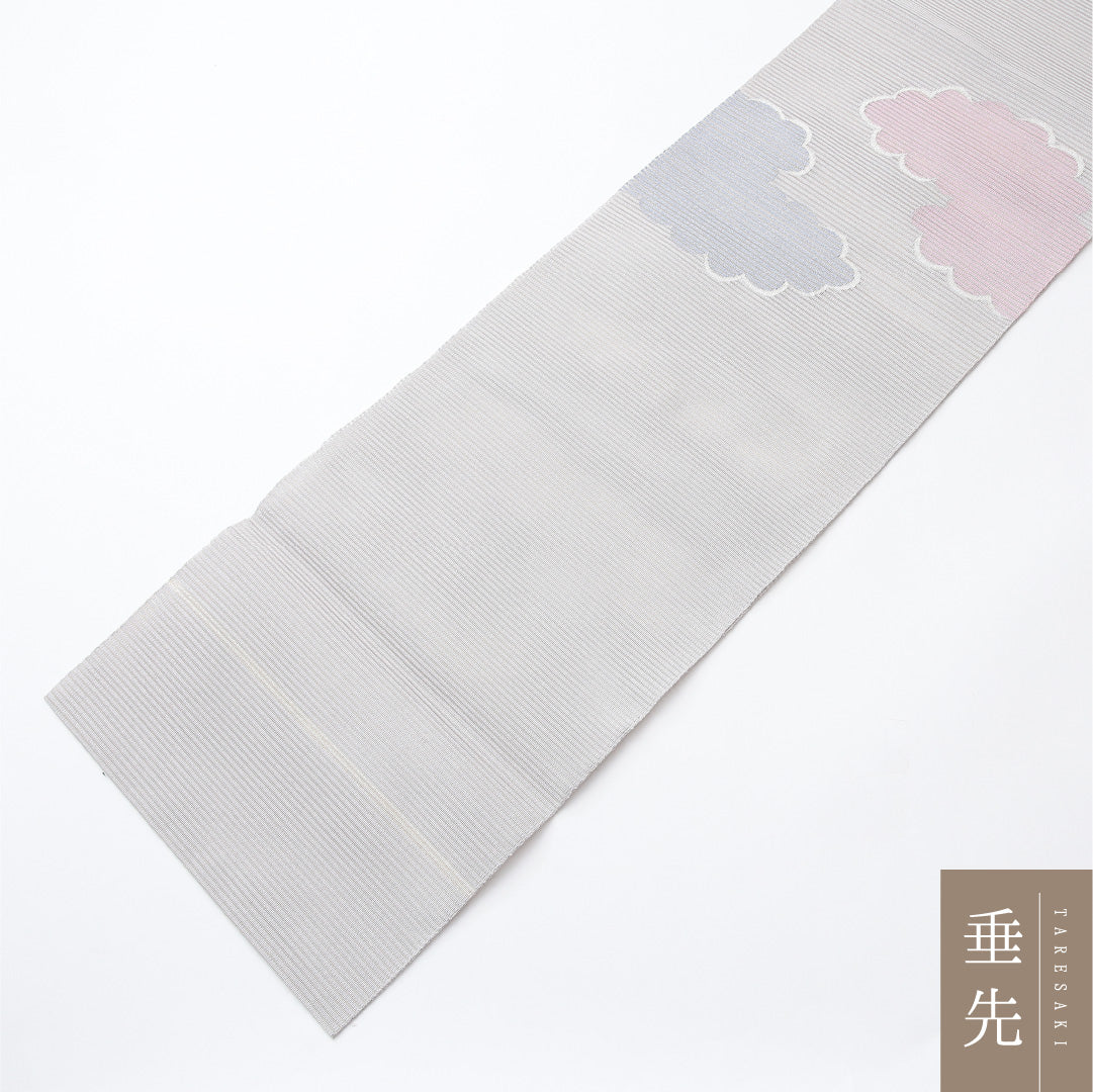 夏物 名古屋帯 ポイント柄 帯丈375cm カジュアル Sランク 正絹 絽 幾何学 雲取り グレー系 1224-02027