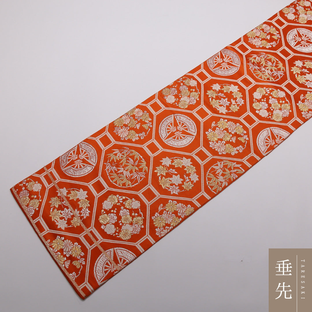 袋帯 帯丈404cm 正絹 六通 フォーマル 蜀江 吉祥文様 朱系 1243-01406