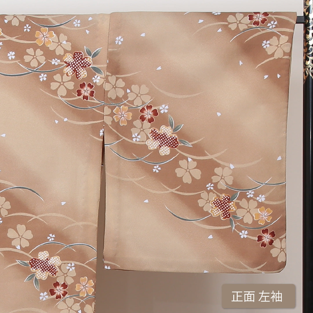 小紋 洗える着物 単衣 身丈164cm 裄丈66cm ポリエステル Aランク Lサイズ 広衿 インフォーマル 芝草 桜 茶系 1215-01188