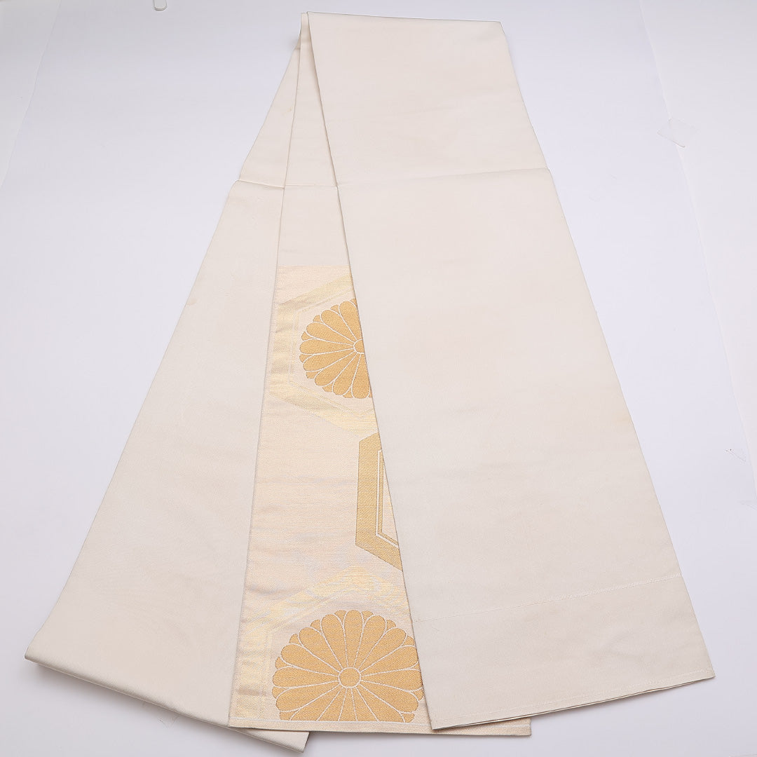 袋帯 帯丈440cm 六通 御所菊 梅 亀甲 金系 フォーマル クリーム系 正絹 Aランク 1223-00851