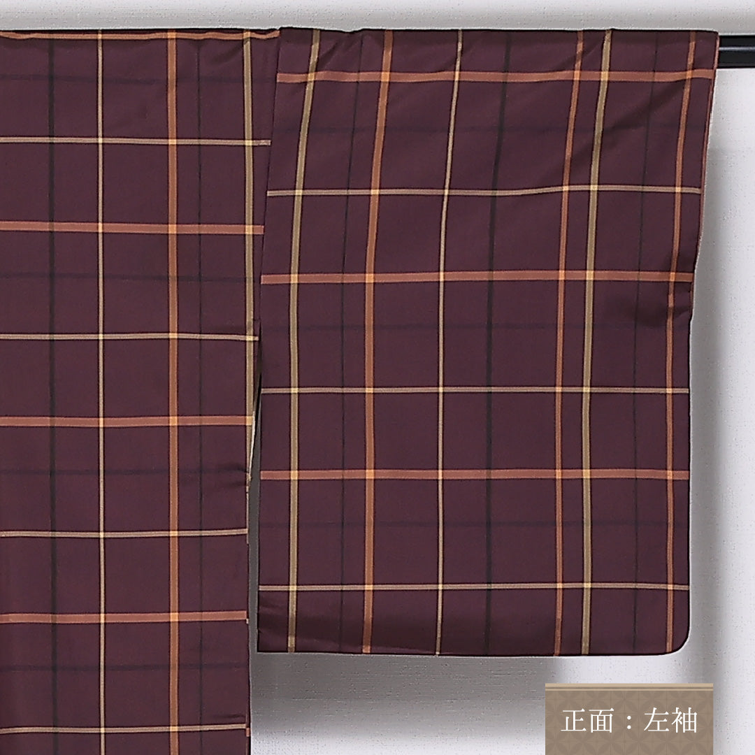 大島紬 袷 身丈157cm 裄66cm 正絹 格子 紫系 Aランク 1216-01425