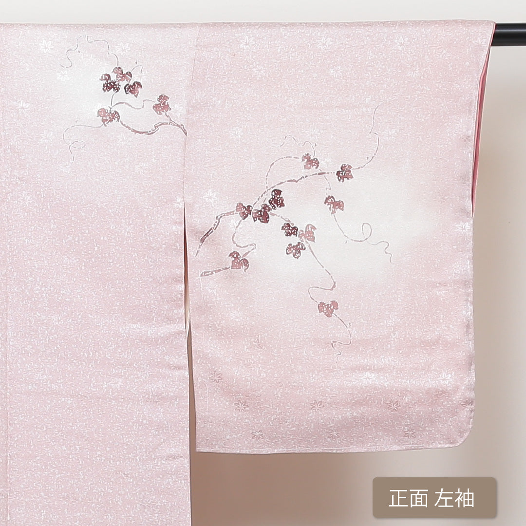 訪問着 袷 身丈162cm 裄丈64cm 正絹 Aランク 紋意匠 (紅葉) セミフォーマル 広衿 Lサイズ 刺繍 葡萄 ピンク系 PO 1217-04242