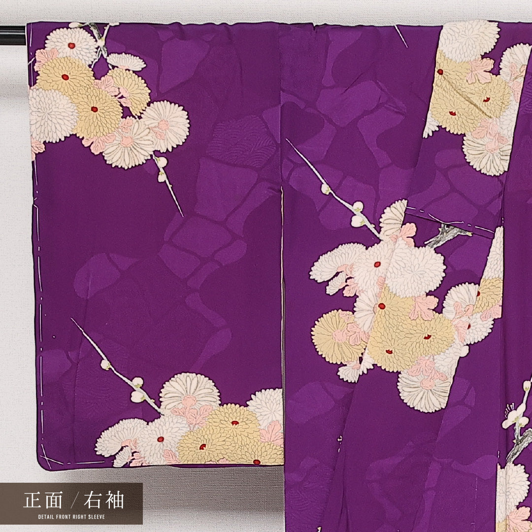 アンティーク 小紋 (錦紗) 袷 身丈142cm 裄丈63cm 正絹 Aランク 広衿 XSサイズ 菊 紫系 RP 1221-13658
