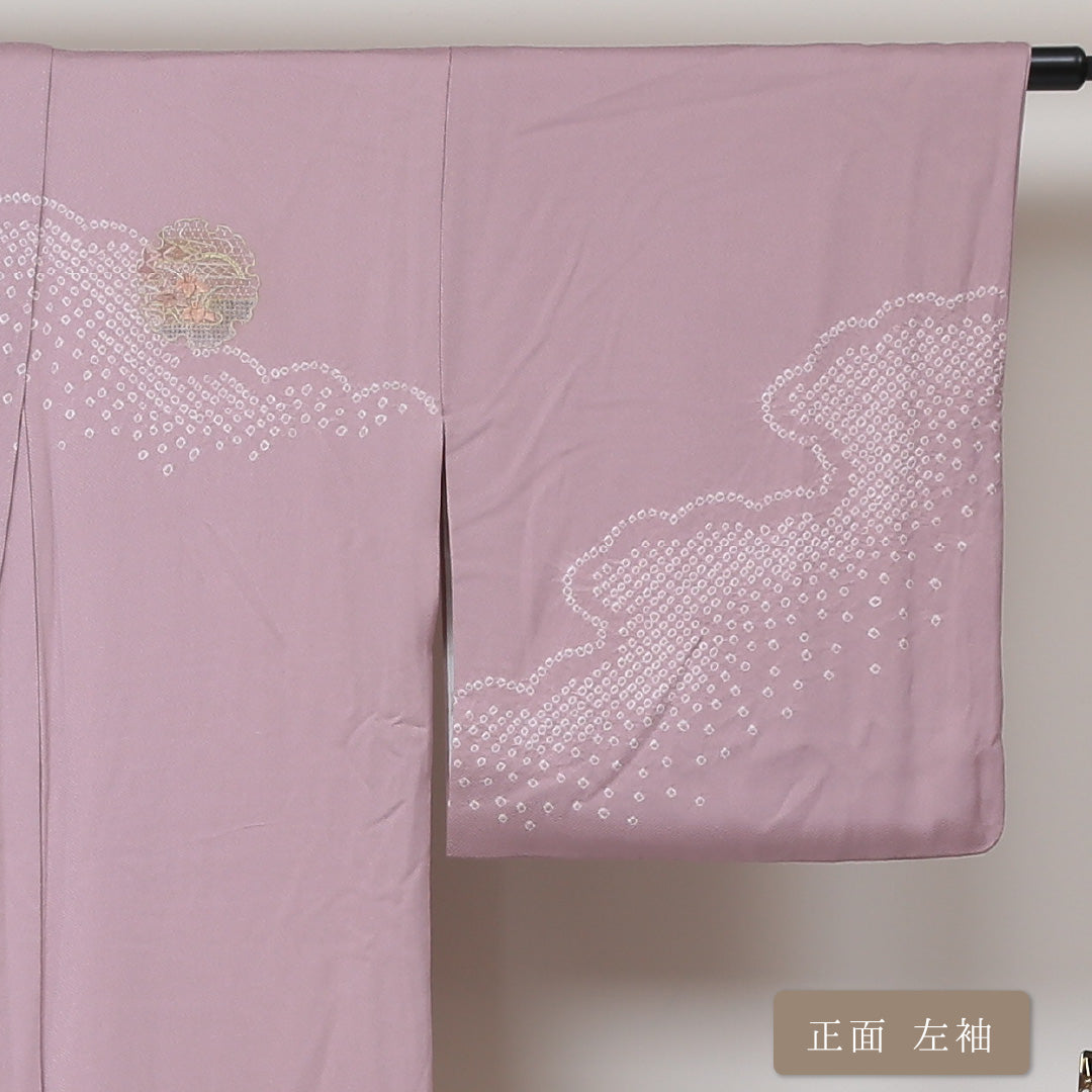 訪問着 袷 身丈165cm 裄丈64cm 正絹 Aランク セミフォーマル 広衿 XLサイズ 絞り 汕頭刺繍 雪輪 牡丹 ピンク系 PO 1217-04316