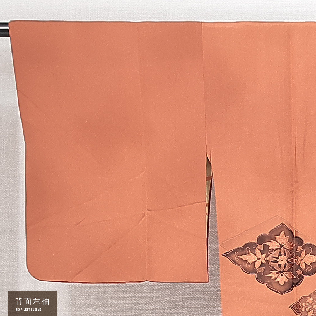 道行コート 袷 身丈78cm 裄丈63cm 正絹 Aランク セミフォーマル Sサイズ ポケットあり 花菱 古典的 しとやか 茶系 HP 1237-14809