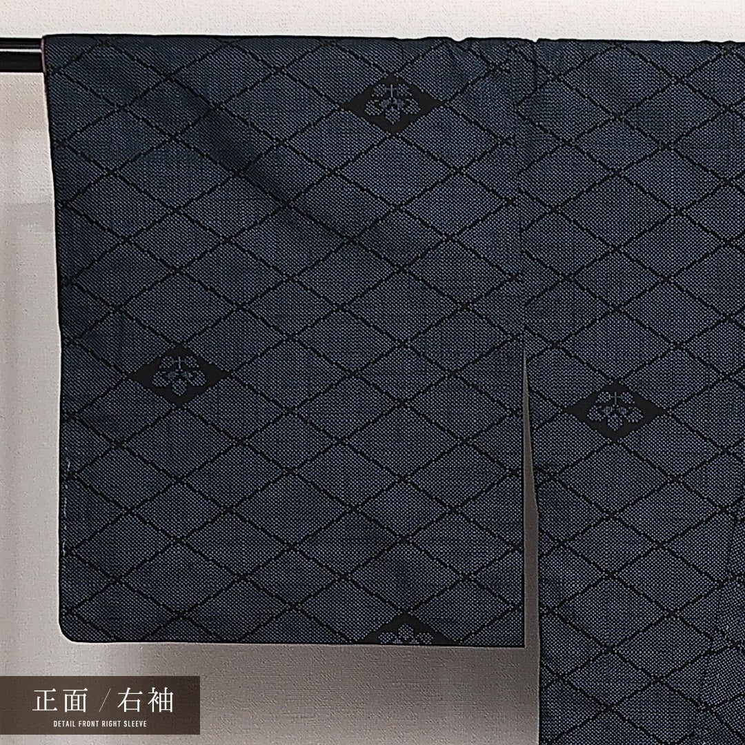 大島紬 袷 身丈158cm 裄丈65cm 正絹 Aランク インフォーマル 広衿 Mサイズ 経緯絣 菱 紺系 RP 1223-14071
