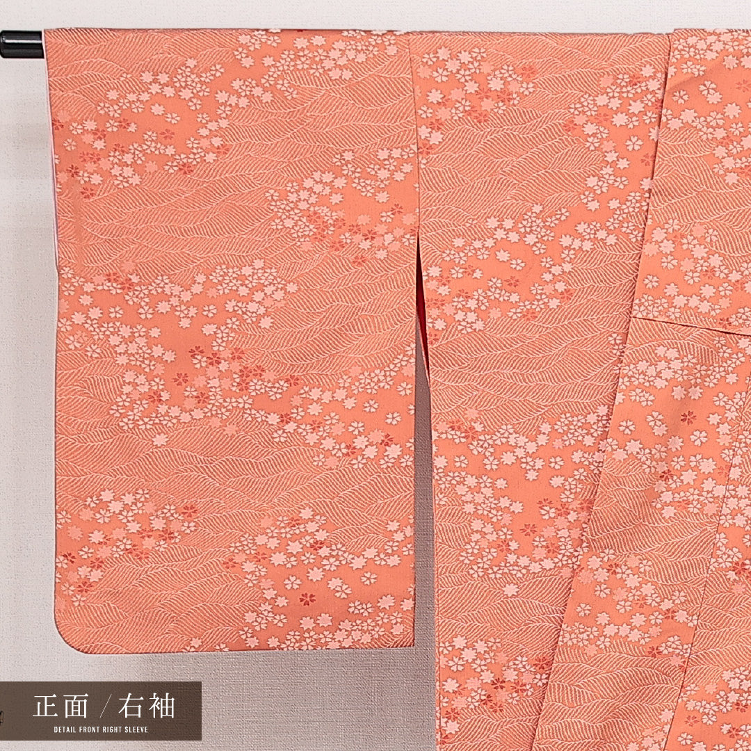 アンティーク お召 袷 身丈153cm 裄丈63cm 正絹 Aランク 広衿 Sサイズ 光琳波 桜 朱系 RP 1222-14614