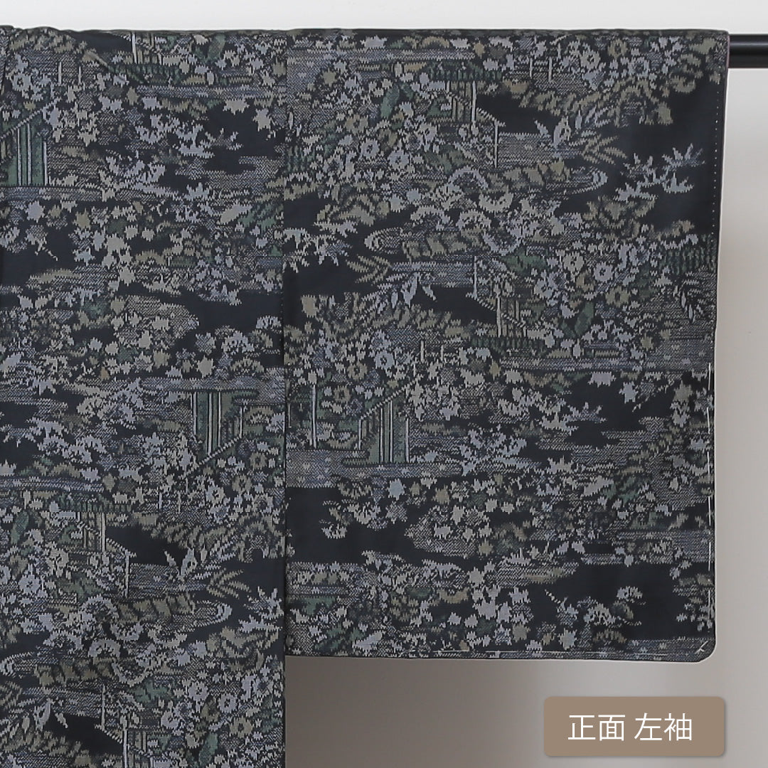 大島紬 袷 身丈158cm 裄丈62cm 正絹 Sランク インフォーマル 広衿 Mサイズ 緯総絣 茶屋辻 黒系 RP 1223-02903