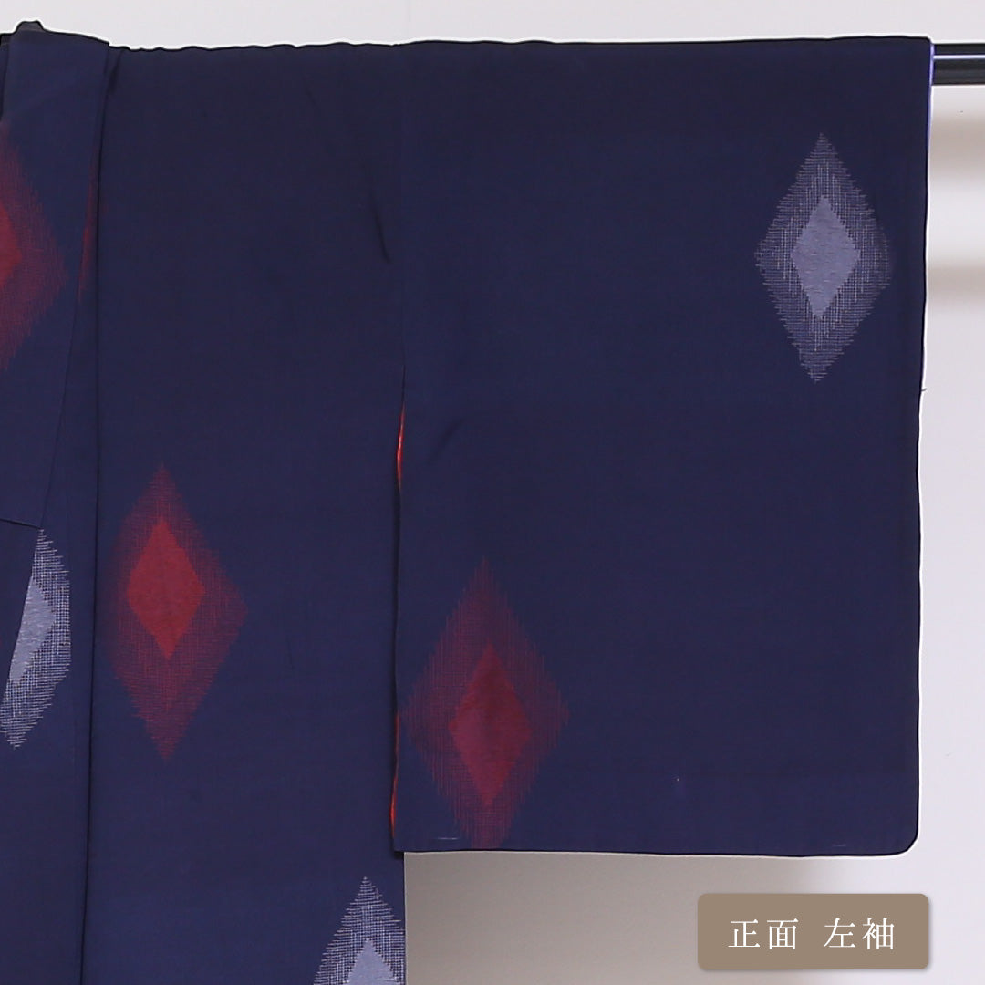 アンティーク お召 袷 身丈144cm 裄丈63cm 正絹 Bランク XSサイズ バチ衿 菱 紺系 1265-01796