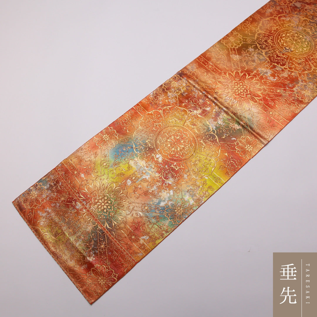 袋帯 帯丈418cm 正絹 六通 フォーマル 鏡裏文 朱系 1243-01349