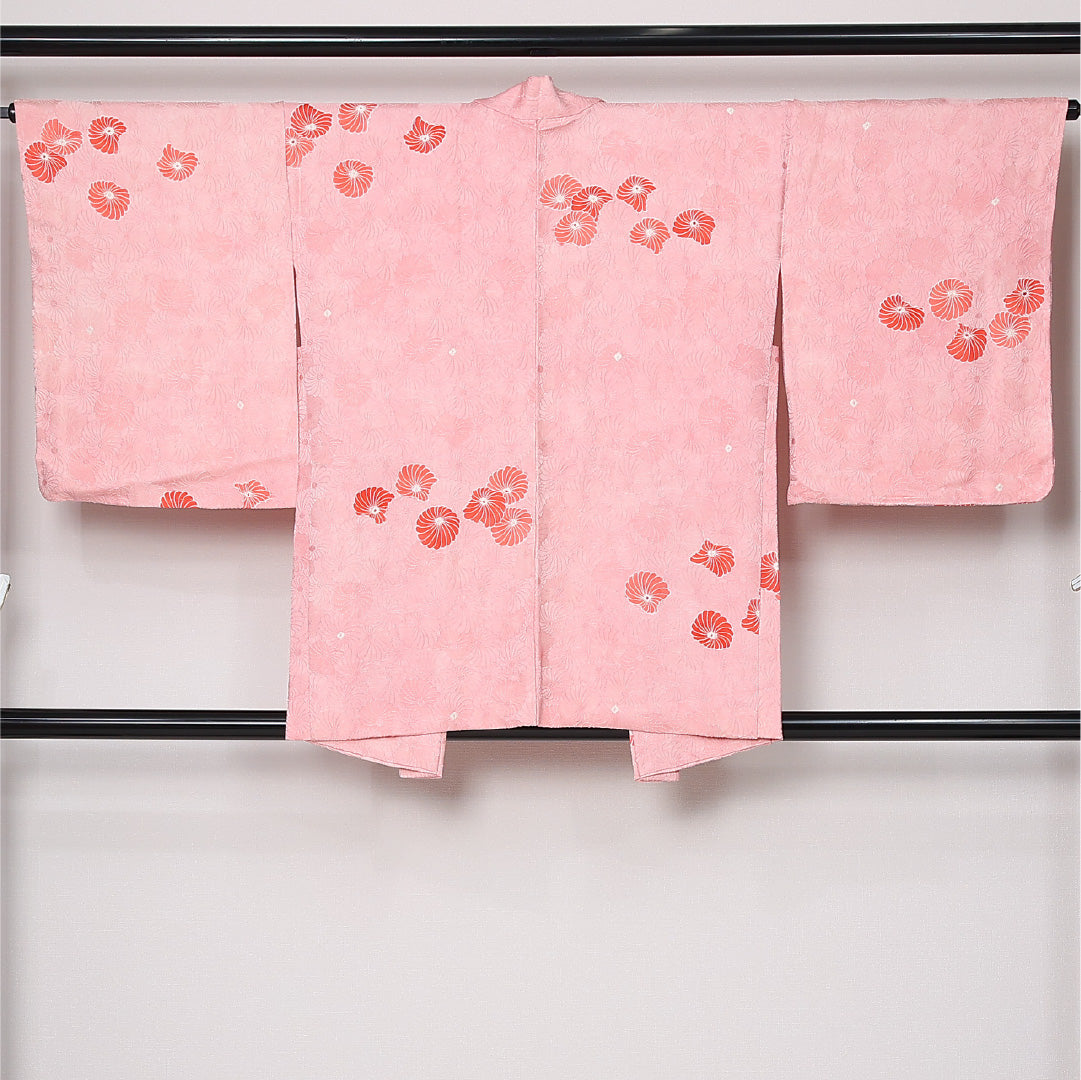 羽織 袷 身丈80cm 裄丈64cm 正絹 Sランク カジュアル Mサイズ 紐あり 菊 ピンク系 RP 1232-12944
