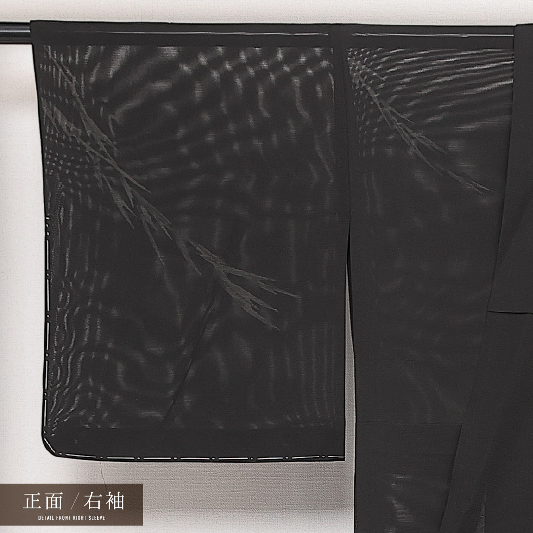 未使用品 訪問着 絽 身丈160cm 裄丈64cm Nランク 正絹 広衿 Lサイズ 一つ紋 セミフォーマル しつけ糸 刺繍 燕 船 柳 上品 しとやか 黒系 1212-13973