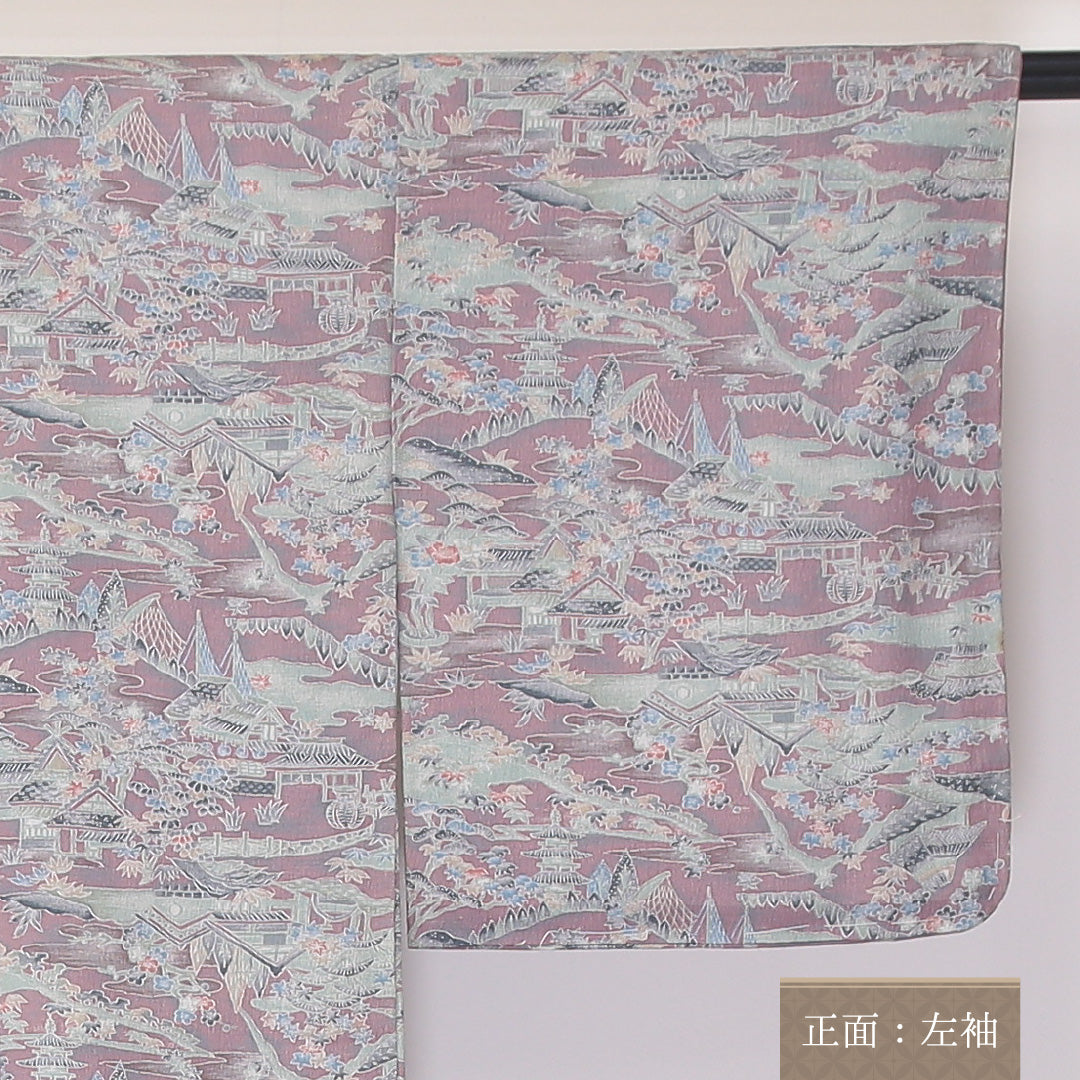 小紋 袷 身丈150cm 裄62cm 正絹 京紅型 御所解 紫系 ちりめん Bランク 1215-02267
