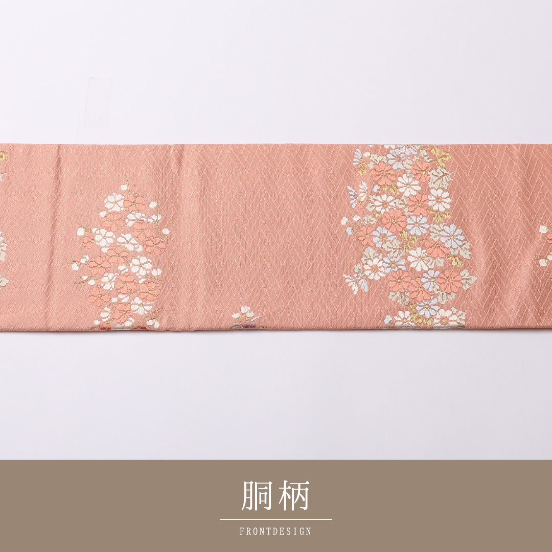 九寸名古屋帯 Sランク 帯丈360cm 正絹 六通 名古屋仕立て 織り セミフォーマル 四季草花 網目 ピンク系 RP 1245-02688