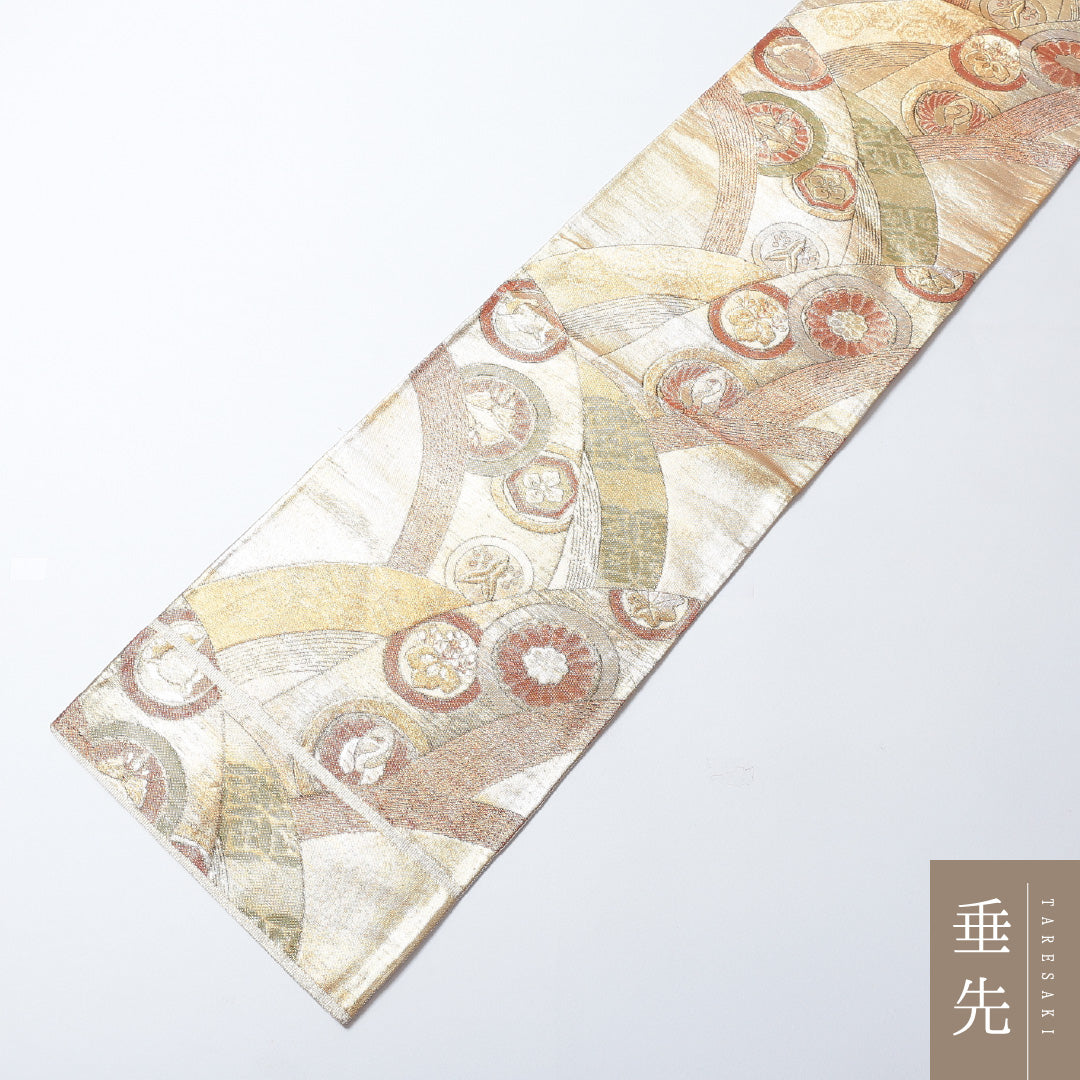 袋帯 帯丈412cm 正絹 六通 フォーマル 青海波 家紋柄 金系 1243-00665