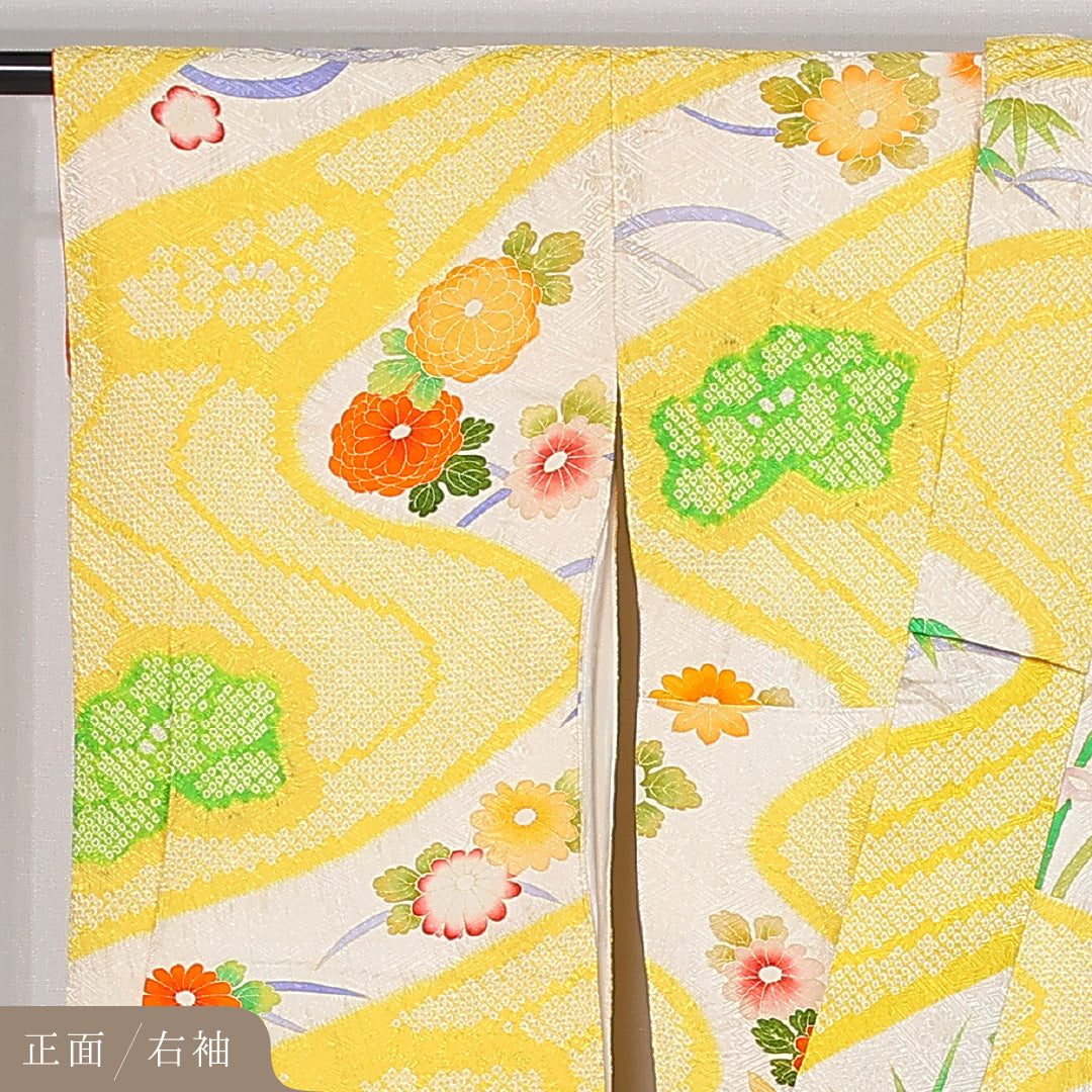 振袖 身丈150cm 裄丈61cm Cランク 袷 正絹 M 広衿 絞り 流水 吉祥文様 古典柄 牡丹 梅 花柄 菖蒲 黄系 1213-F0434