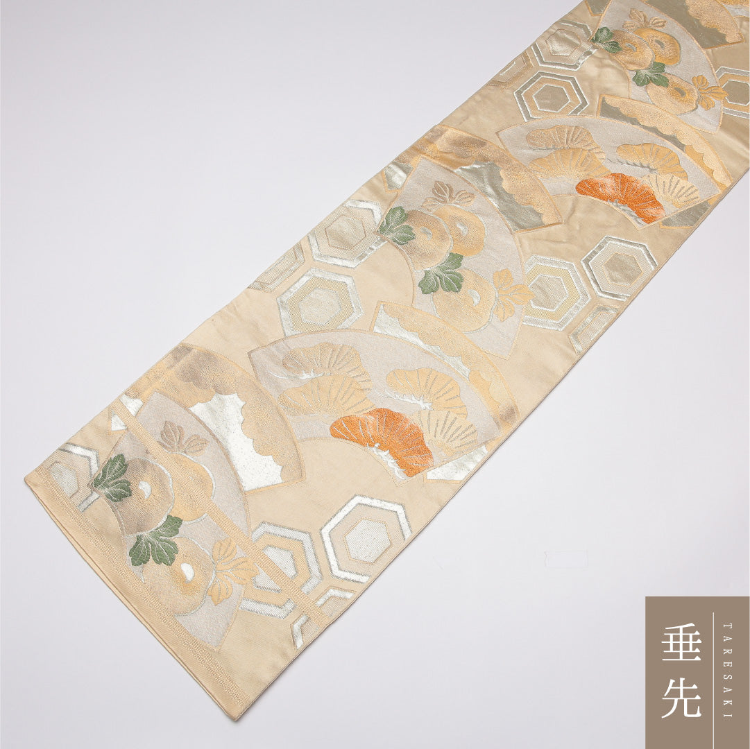 京袋帯 帯丈396cm Cランク 開き仕立て 六通 正絹 京袋帯 亀甲 笠松 フォーマル セミフォーマル 金系 1224-01602