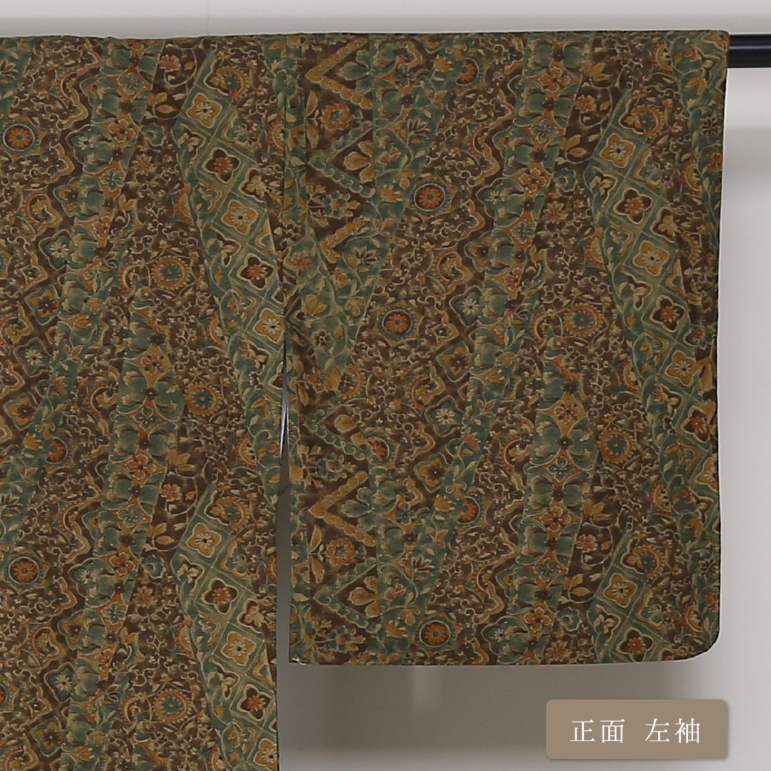 小紋 袷 身丈160cm 裄65cm 茶系 ボタニカル オリエンタル 更紗 紬 正絹 Sランク 真綿紬 1215-01677-2414