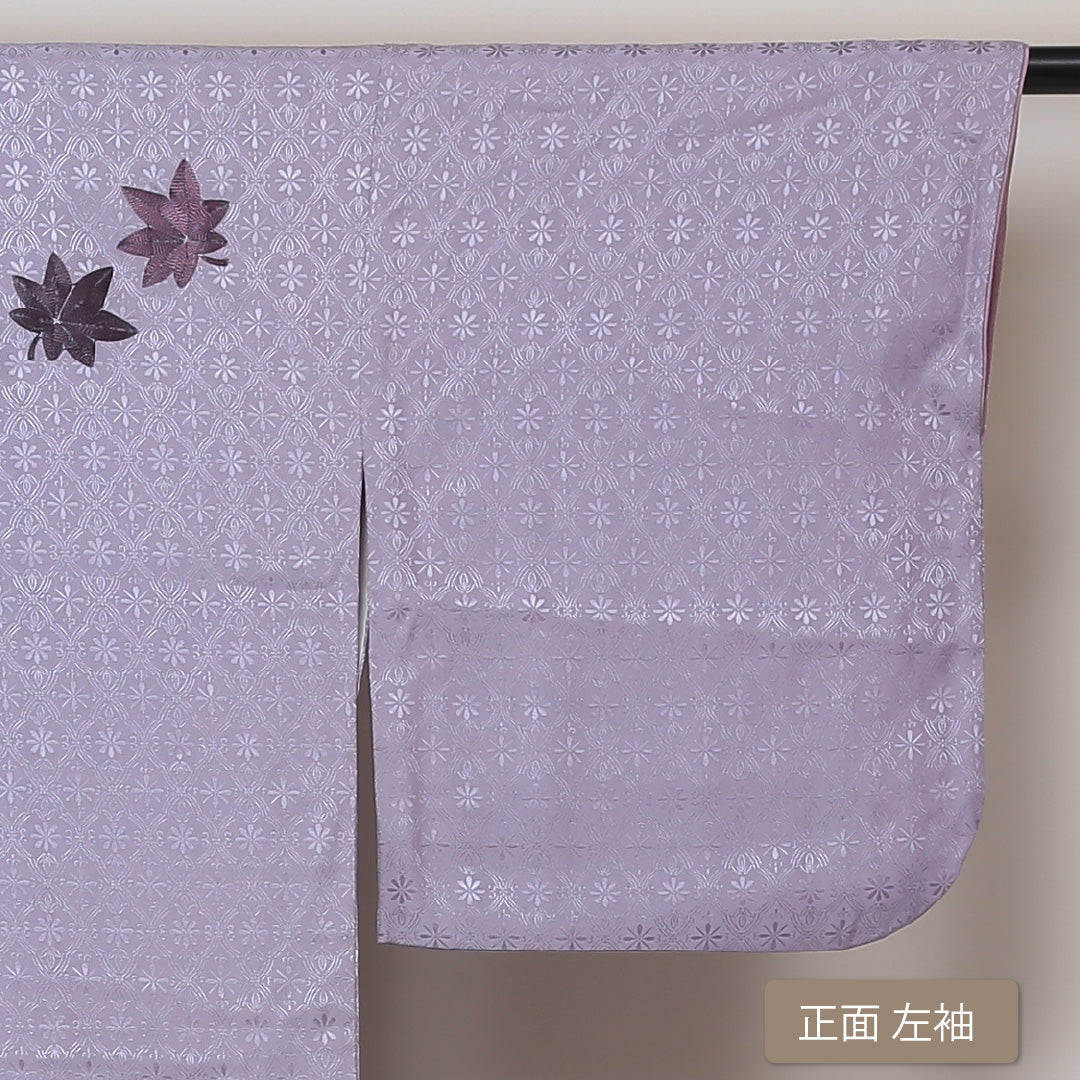 付下げ 袷 身丈165cm 裄丈66cm 正絹 Sランク 紋意匠 (花菱) インフォーマル 広衿 XLサイズ 刺繍 紅葉 紫系 RP 1218-04270