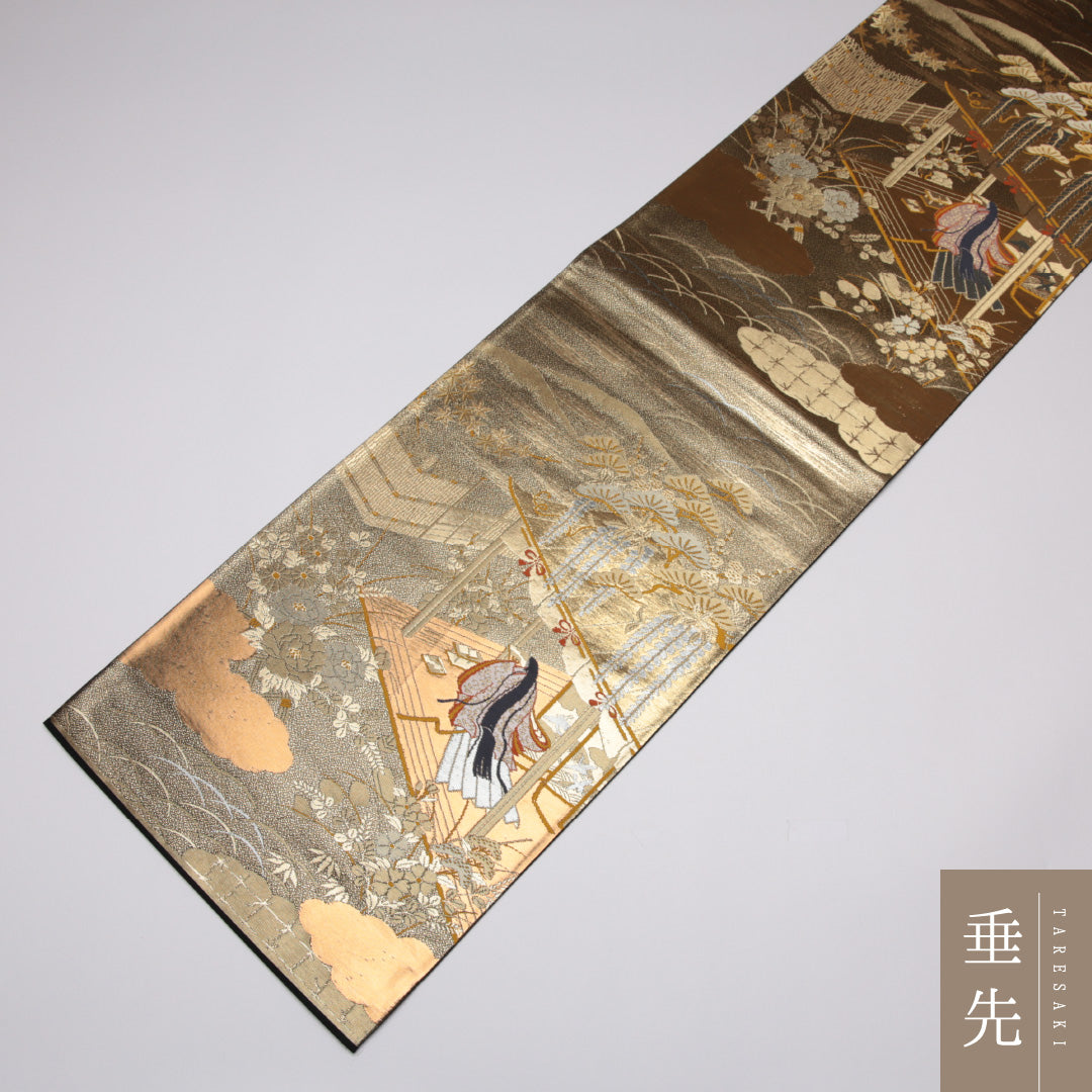 本金箔二重引錦 袋帯 帯丈428cm 六通 源氏物語 フォーマル 金系 正絹 尾島産業謹製 Sランク 1223-01139