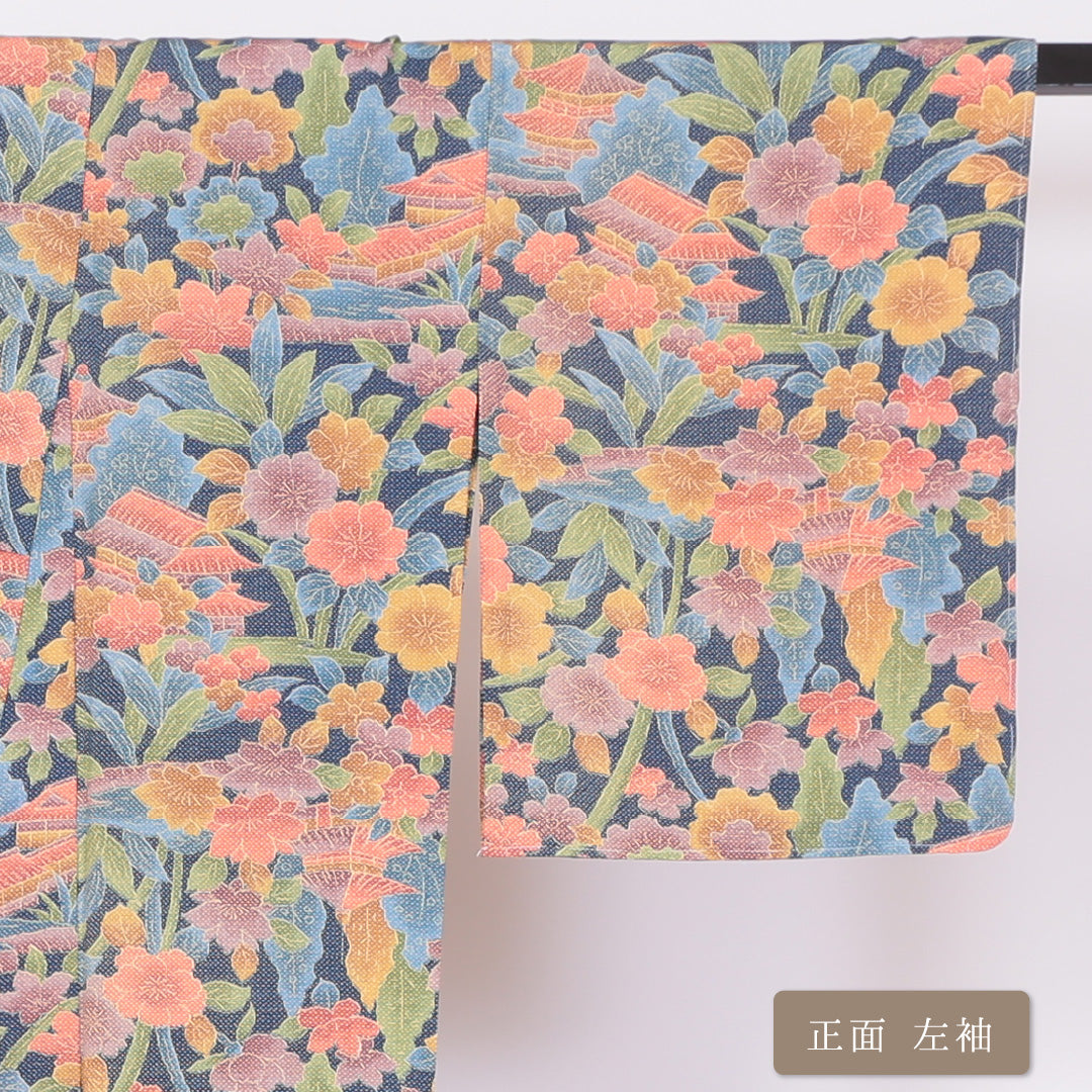 小紋 袷 身丈157cm 裄63cm 紺系 ボタニカル 楼閣 花柄 洗える着物 Sランク 1215-00080-2318