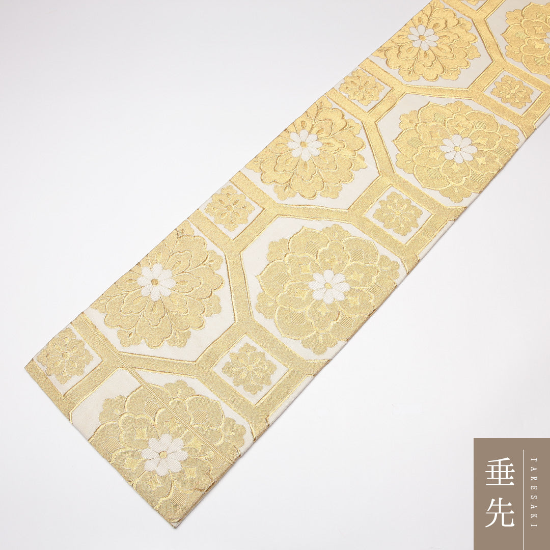 袋帯 帯丈432cm 正絹 六通 フォーマル 蜀江 宝相華 金系 白系 1243-01218
