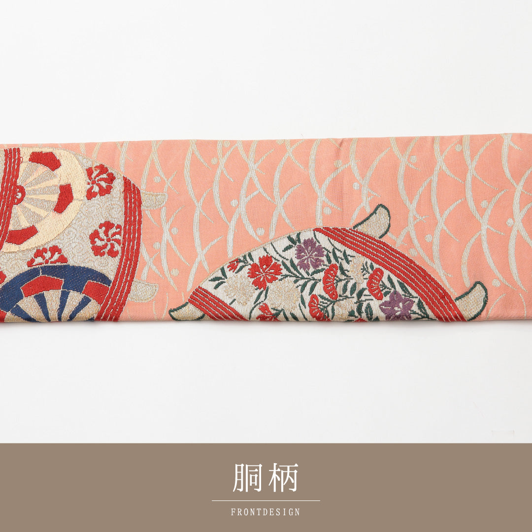 アンティーク 九寸名古屋帯 Cランク 帯丈322cm 正絹 六通 名古屋仕立て 織り 糸巻文 ピンク系 M4 1245-02133