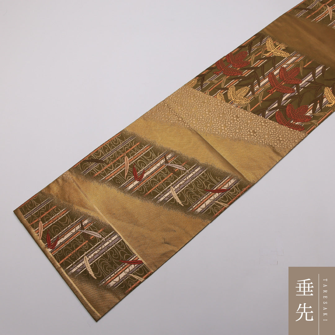 袋帯 帯丈438cm Sランク 六通 正絹 植物 フォーマル 緑系 1223-01432