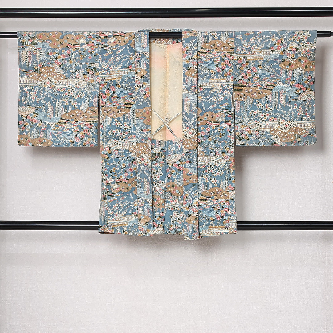 羽織 袷 身丈82cm 裄丈63cm 正絹 Sランク カジュアル Sサイズ 紐あり 御所解 水色系 RP 1232-12893