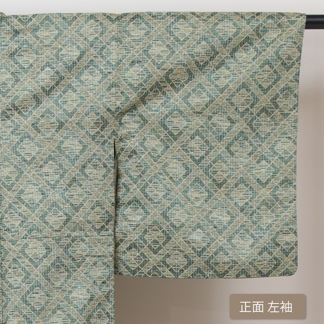 紬 単衣 身丈159cm 裄62.5cm 洗える着物 緑系 Sランク 1216003982319