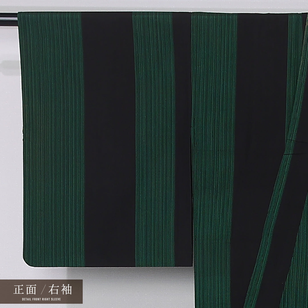 紬 身丈153cm 裄丈62.5cm Aランク S 正絹 単衣 バチ衿 縞 カジュアル 緑系 1216-12375