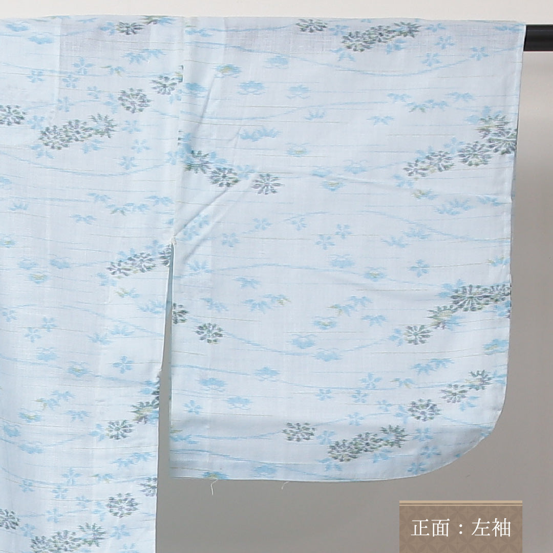 小紋 洗える着物 単衣 身丈148cm 裄丈62cm 綿麻 Bランク XSサイズ バチ衿 インフォーマル 居敷当て 肩当て 流水 笹 水色系 1215-02206
