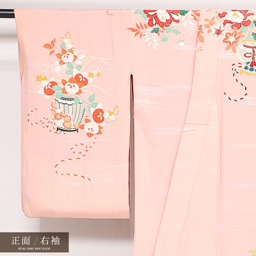 アンティーク 訪問着 袷 身丈154cm 裄丈62cm Cランク 正絹 バチ衿 Sサイズ 刺繍 花瓶 独創的 華やか ピンク系 1212-13523
