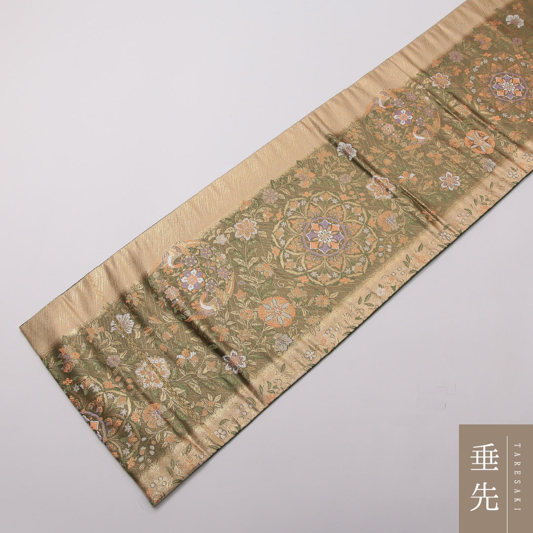 袋帯 六通 帯丈432cm フォーマル Sランク 正絹 金箔 唐草華文 金系 緑系 1223-01450