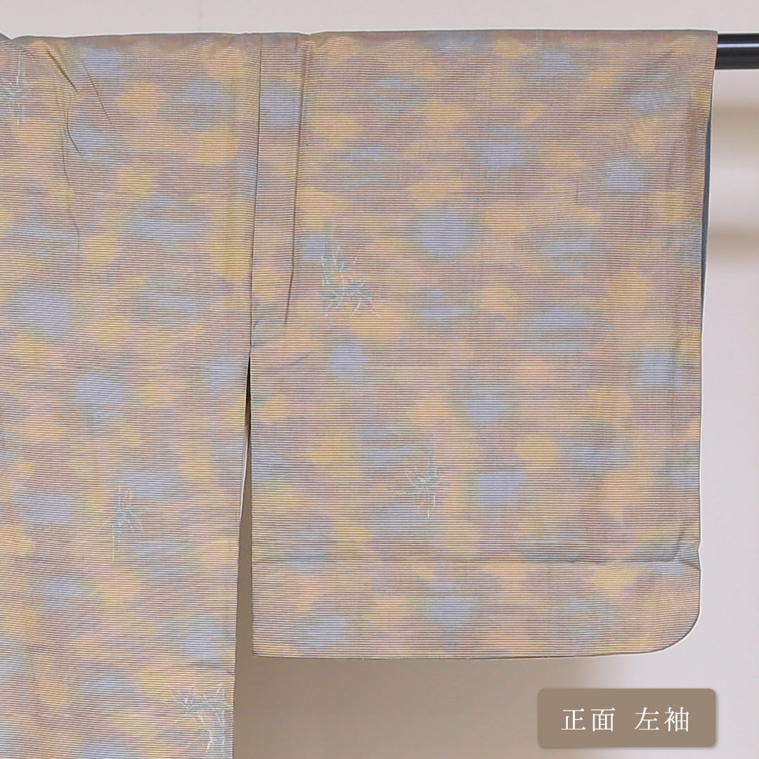 紬 袷 身丈155cm 裄丈62cm 正絹 Aランク カジュアル バチ衿 Mサイズ ぼかし染 笹 黄系 RP 1223-03175