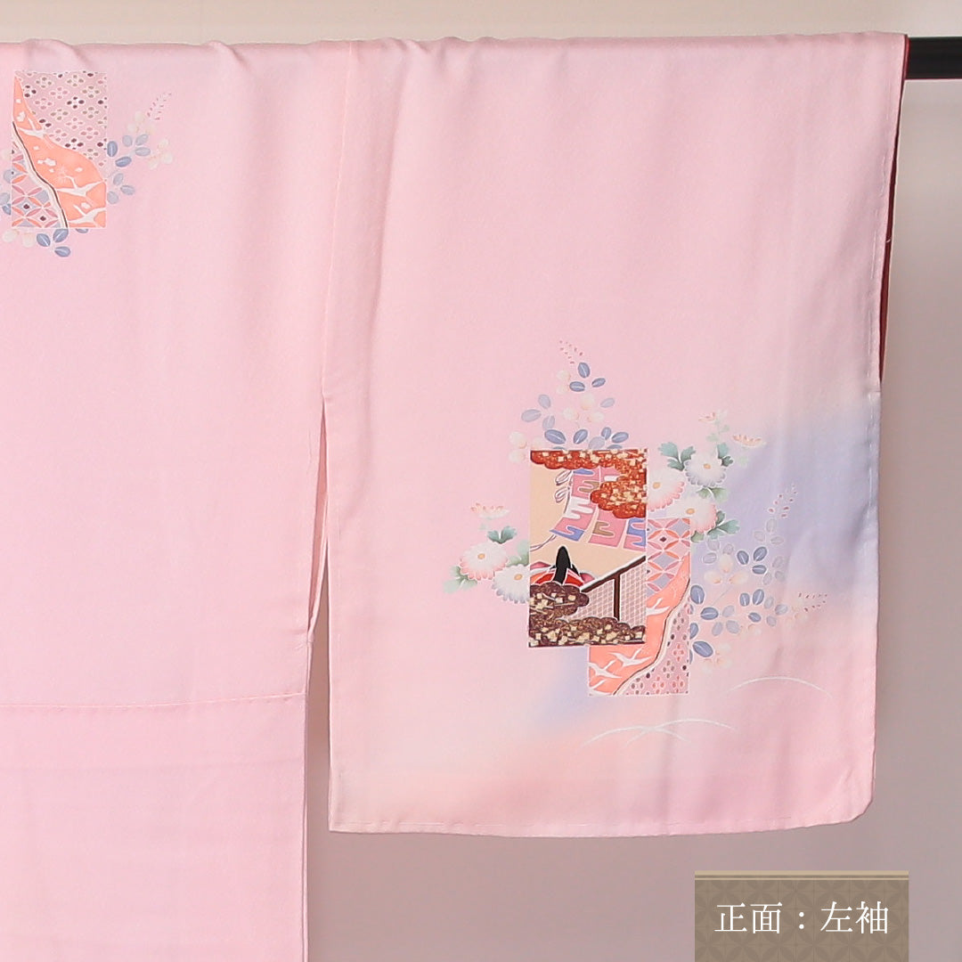 訪問着 袷 身丈162cm 裄丈67cm 正絹 Aランク セミフォーマル 広衿 Lサイズ ぼかし染 金彩 平安絵巻 花柄 ピンク系 HP 1217-04613