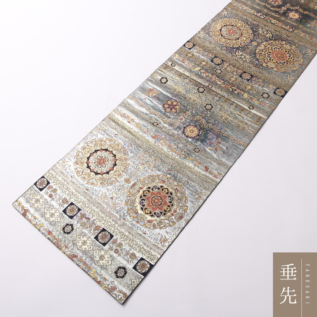 袋帯 帯丈436cm 正絹 六通 横取草華文 フォーマル 宝相華 銀系 1243-01619