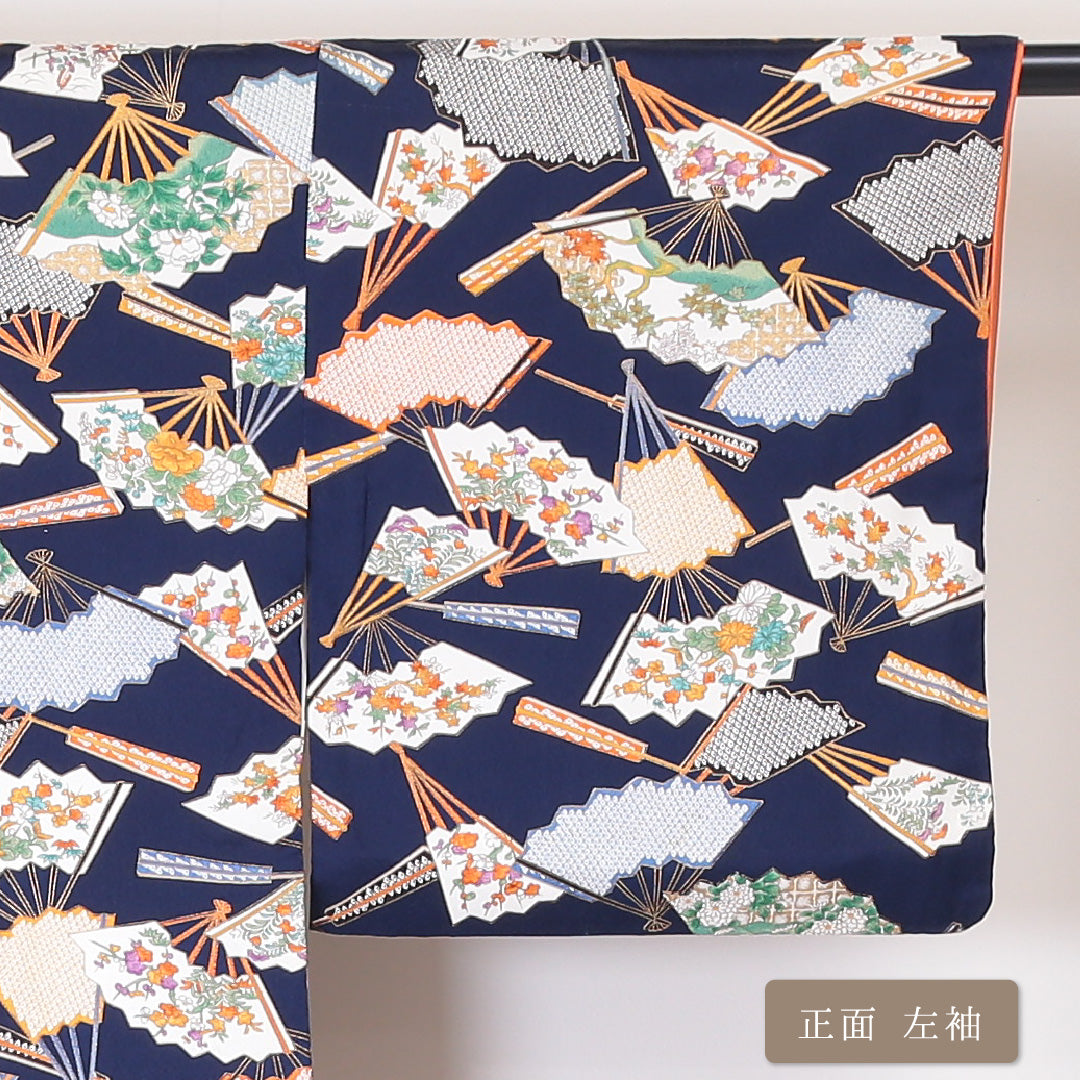 小紋 袷 身丈167cm 裄丈66cm 正絹 Sランク インフォーマル 広衿 XLサイズ 扇 紺系 RP 1221-01992