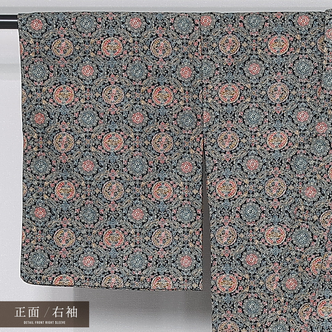 小紋 単衣 身丈148cm 裄丈61cm 正絹 Aランク インフォーマル バチ衿 XSサイズ 染め紬 宝相華 向かい鳥 黒系 RP 1221-12024