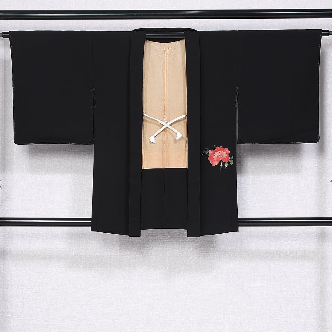 羽織 身丈82cm 裄丈64cm M 正絹 Sランク 袷 黒羽織 紐あり 牡丹 友禅 絵羽羽織 1217-11169