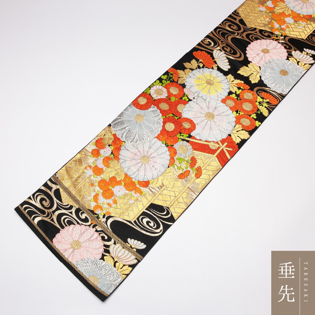 袋帯 帯丈410cm 正絹 六通 フォーマル 観世水 菊 金箔 金系 黒系 1243-01221